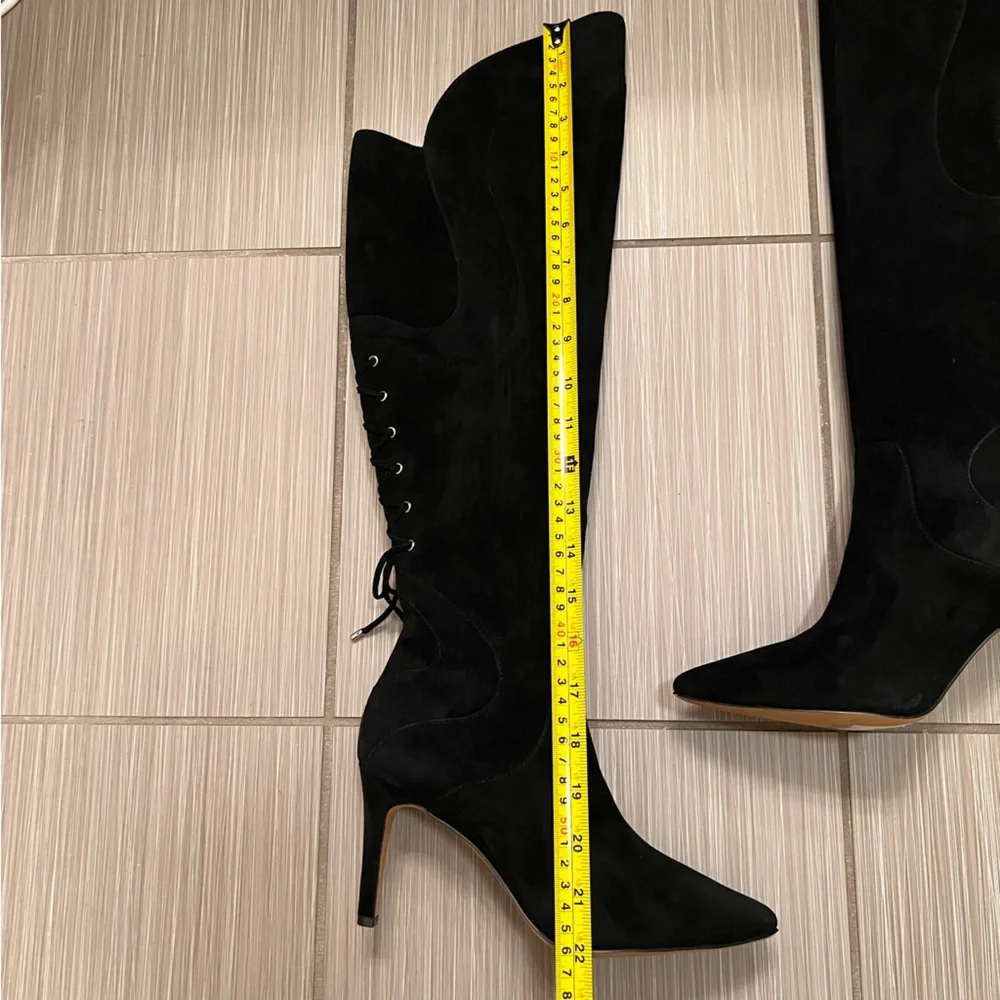 Adrienne Vittadini Over The Knee Black Suede Leather Boots 6 stiletto heel ties